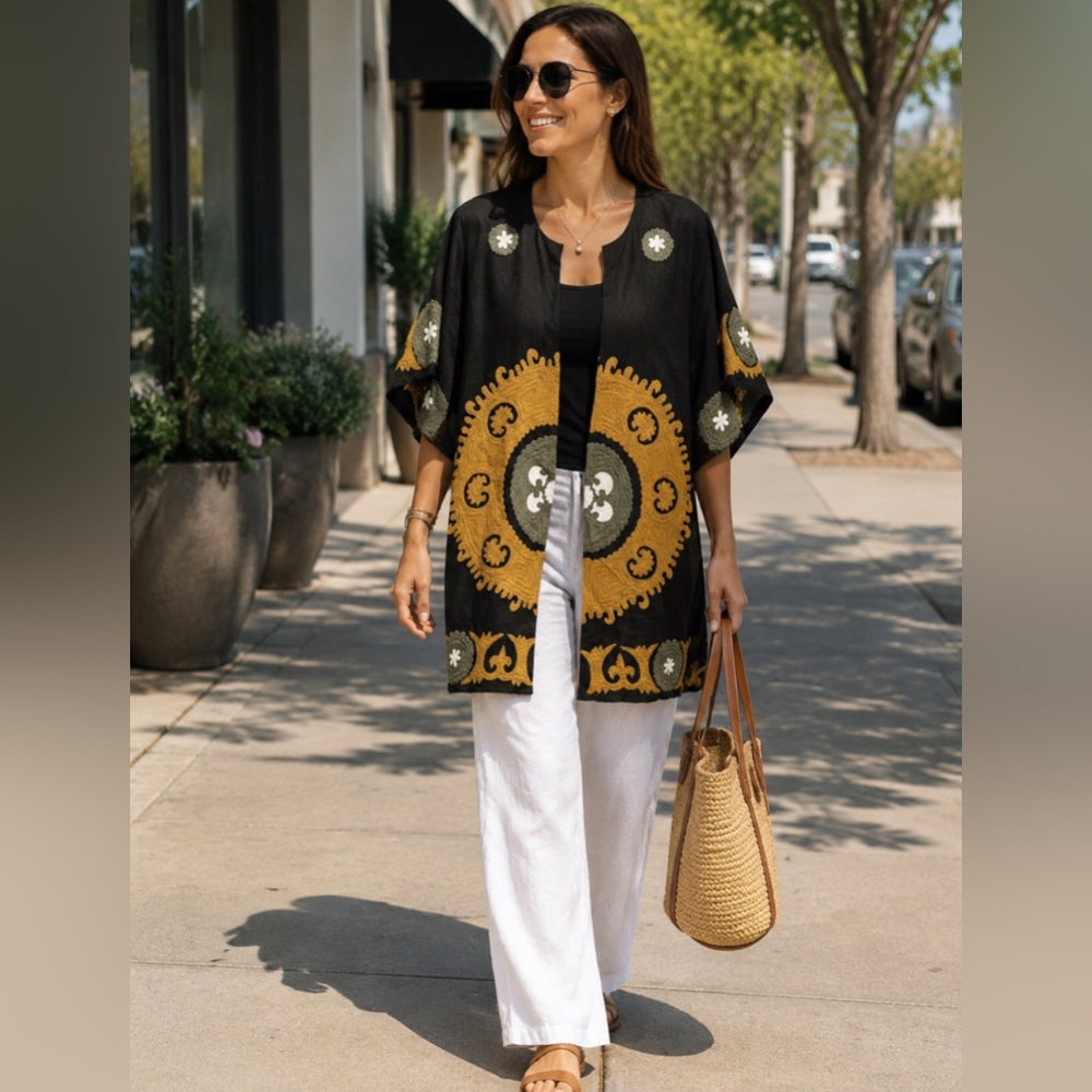 Linen Black Embroidered Open Front Kimono with Gold & Olive Medallions S Fits M